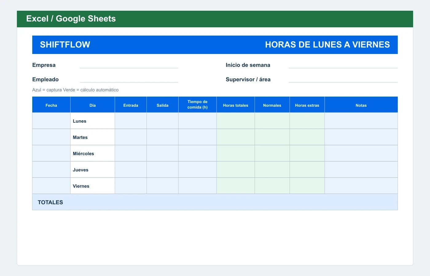 Vista previa en Excel: Plantilla de horas de lunes a viernes