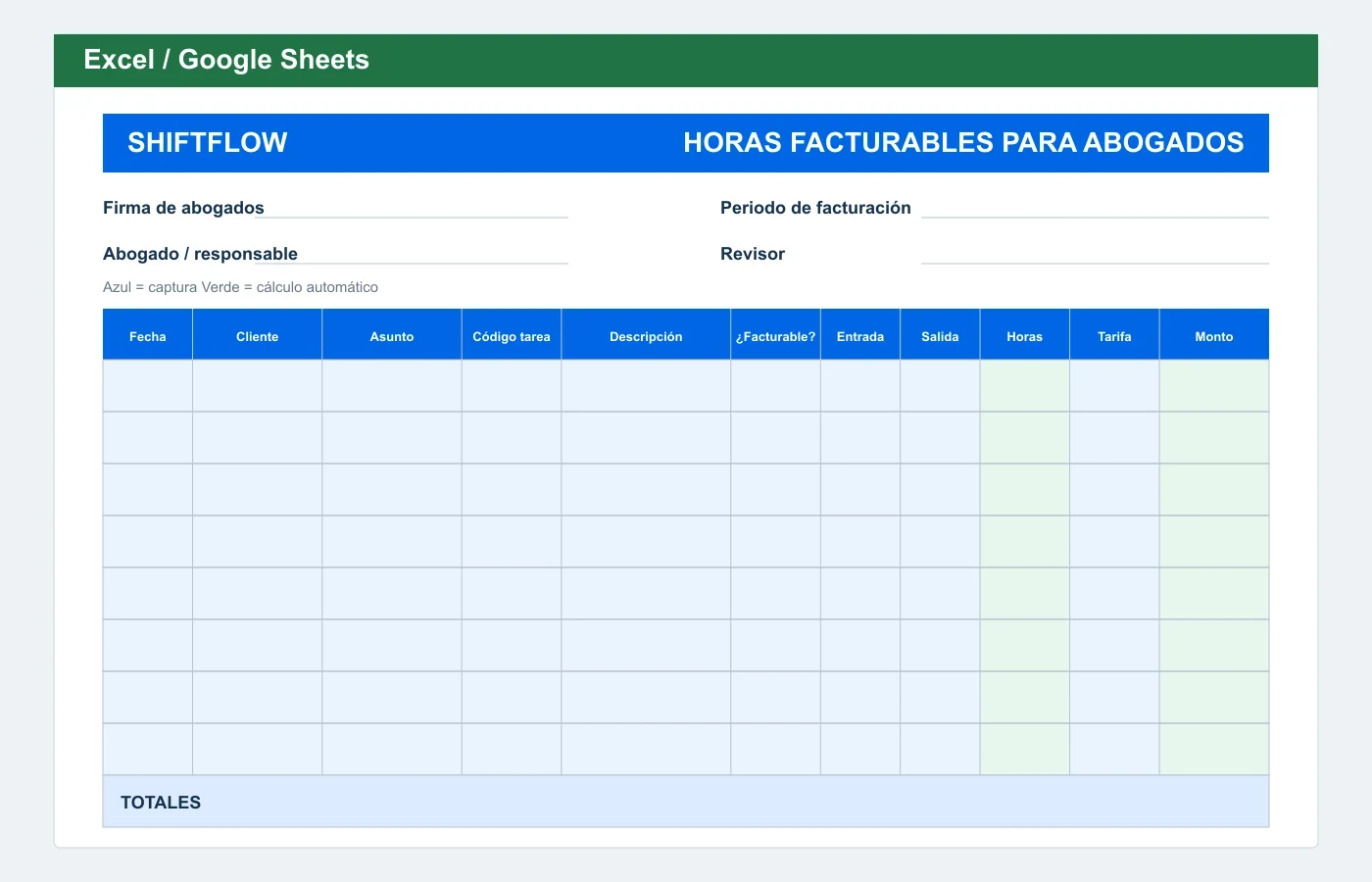 Vista previa en Excel: Plantilla de horas facturables para abogados