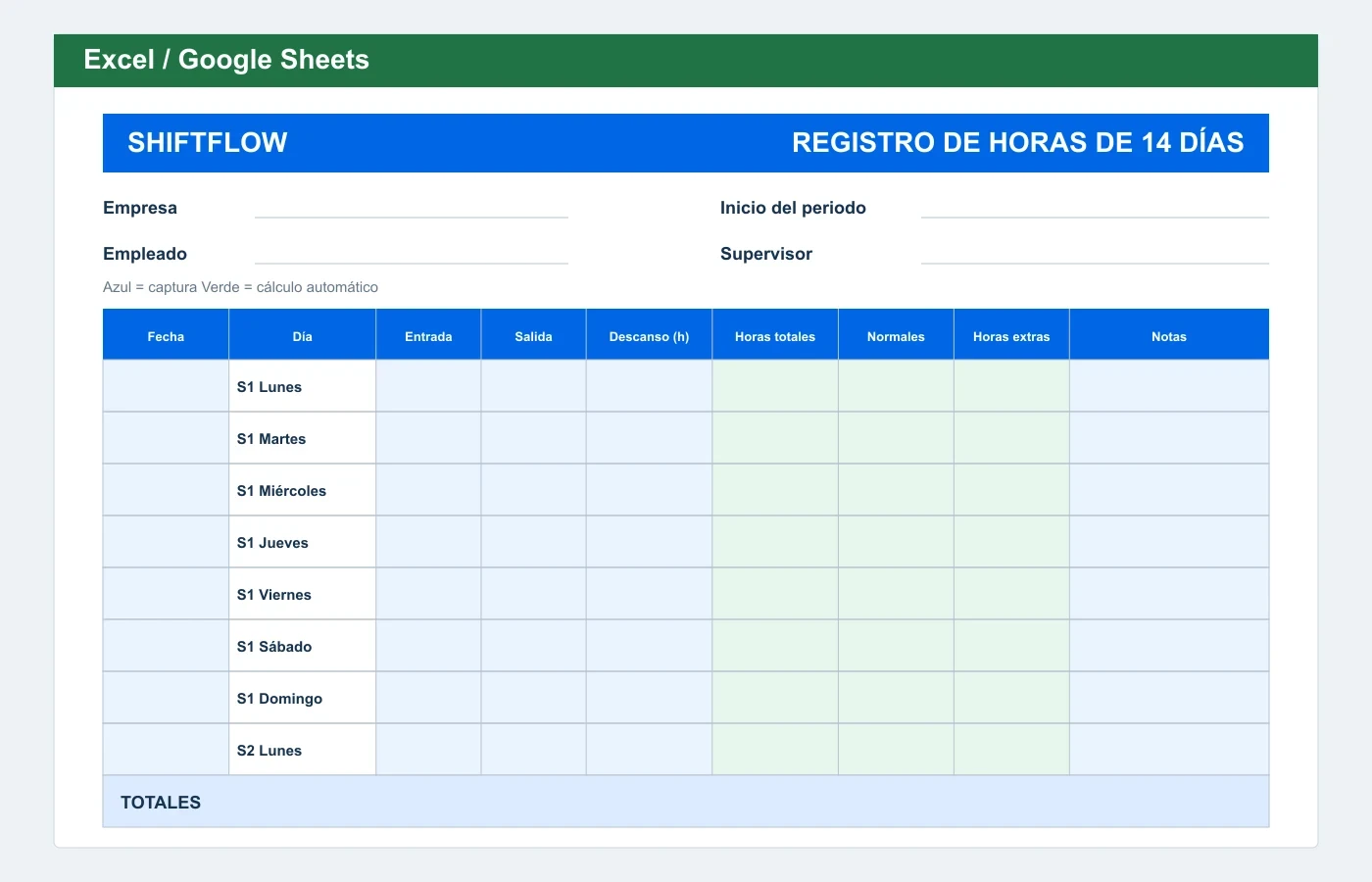 Vista previa en Excel: Plantilla de horas de 14 días