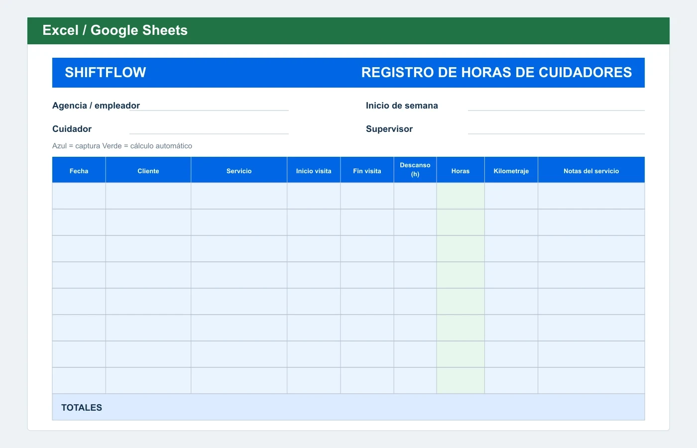 Vista previa en Excel: Plantilla de horas para cuidadores