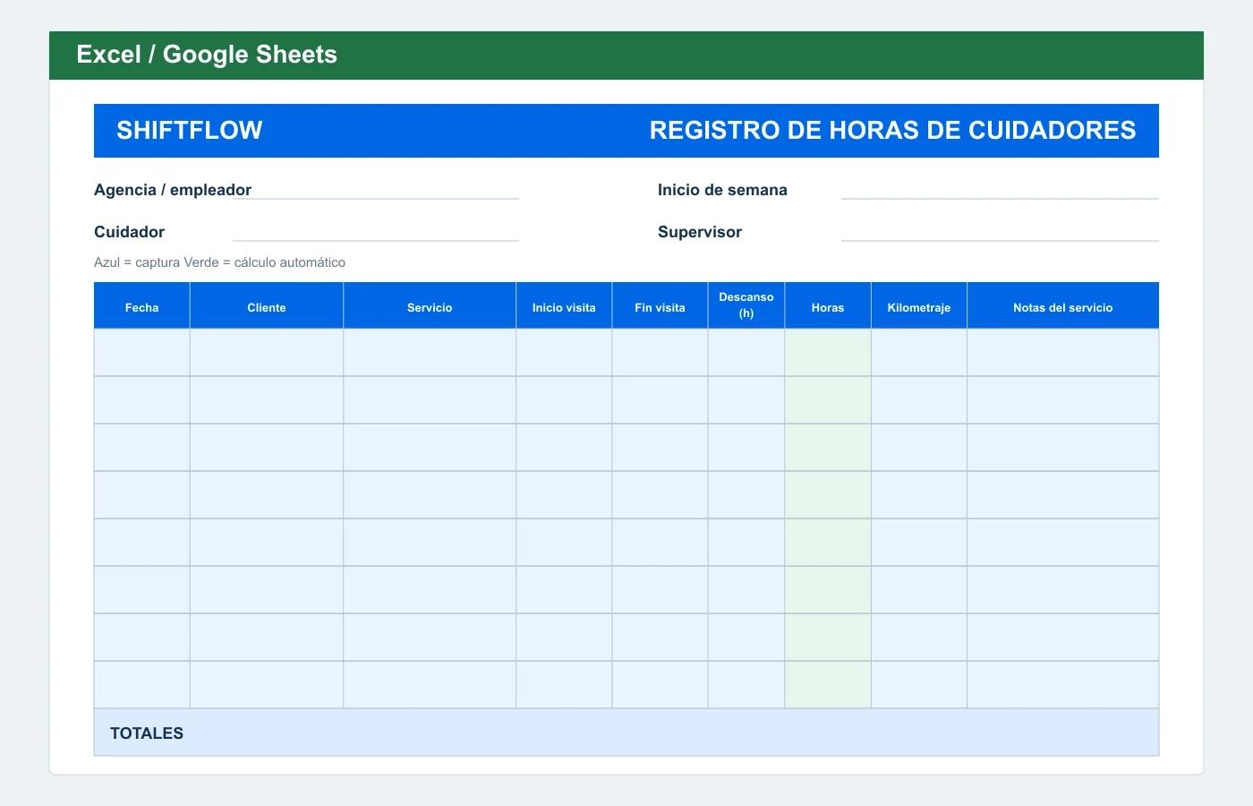 Vista previa en Excel: Plantilla de horas para cuidadores