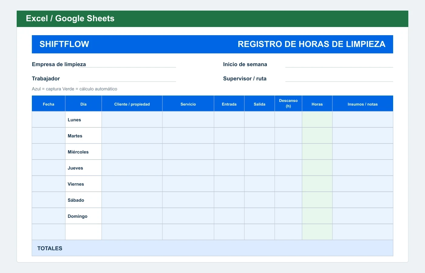 Vista previa en Excel: Plantilla de horas para personal de limpieza