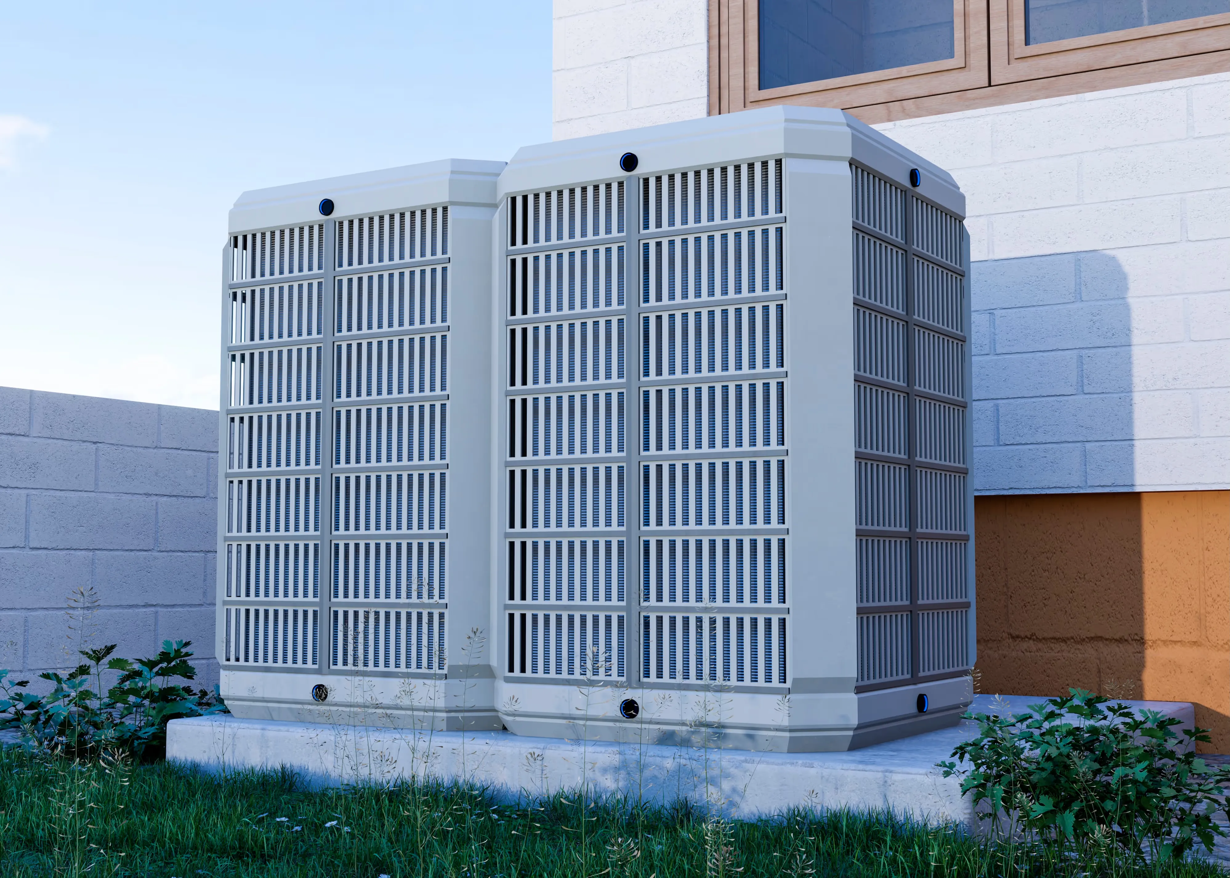 High efficiency heat pump installed outside a home