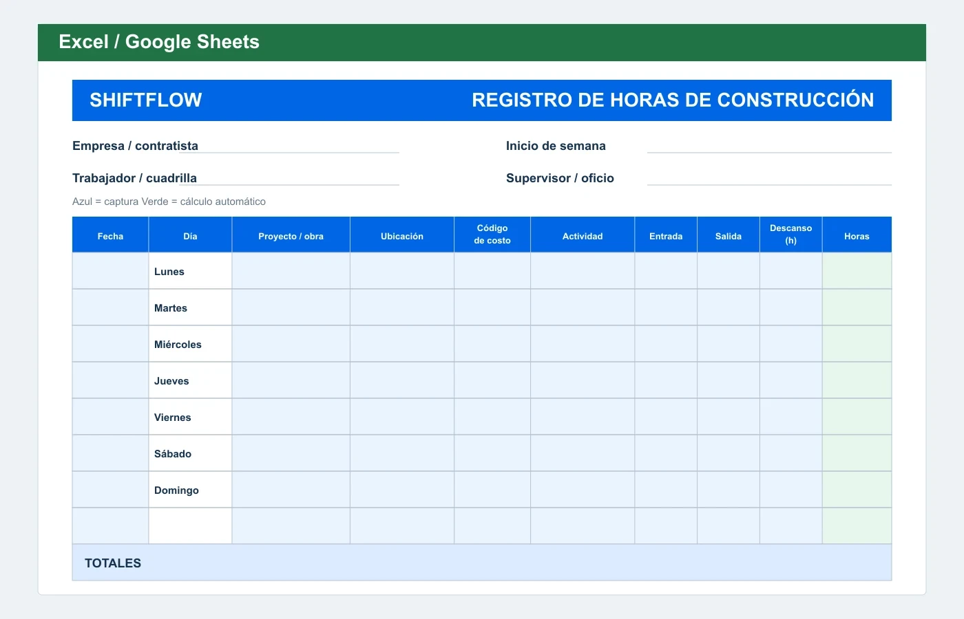 Vista previa en Excel: Plantilla de horas para construcción