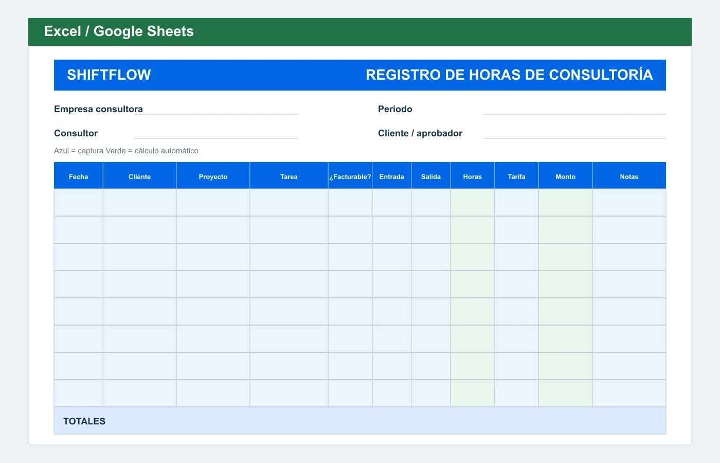 Vista previa en Excel: Plantilla de horas para consultores