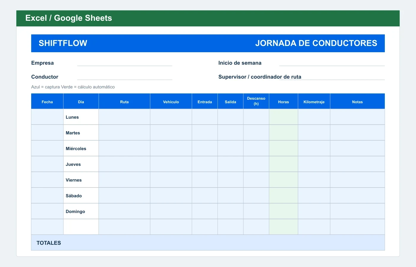 Vista previa en Excel: Registro de jornada para conductores
