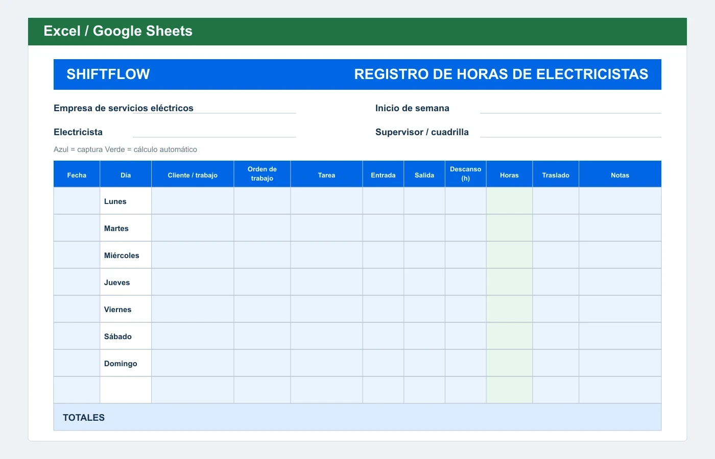 Vista previa en Excel: Plantilla de horas para electricistas