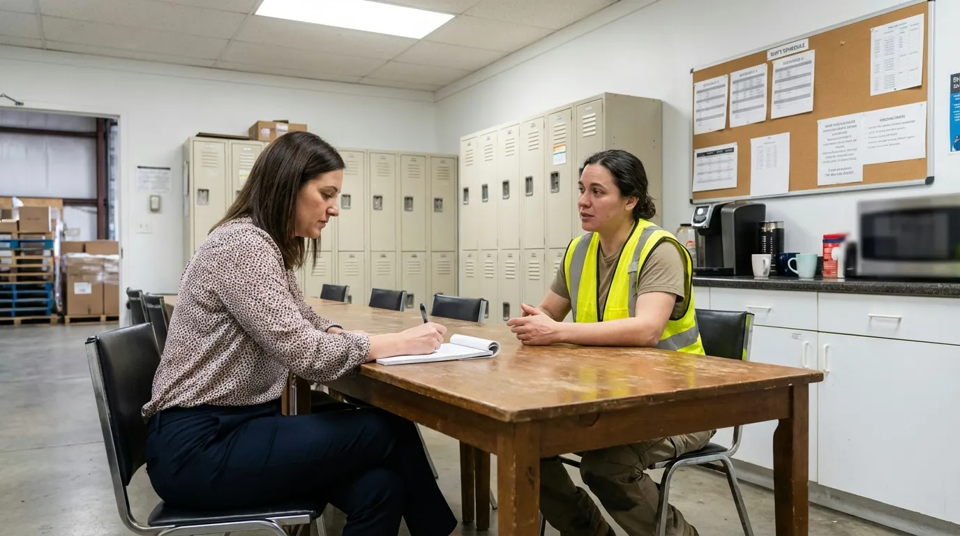 Warehouse breakroom exit interview between HR representative and departing worker