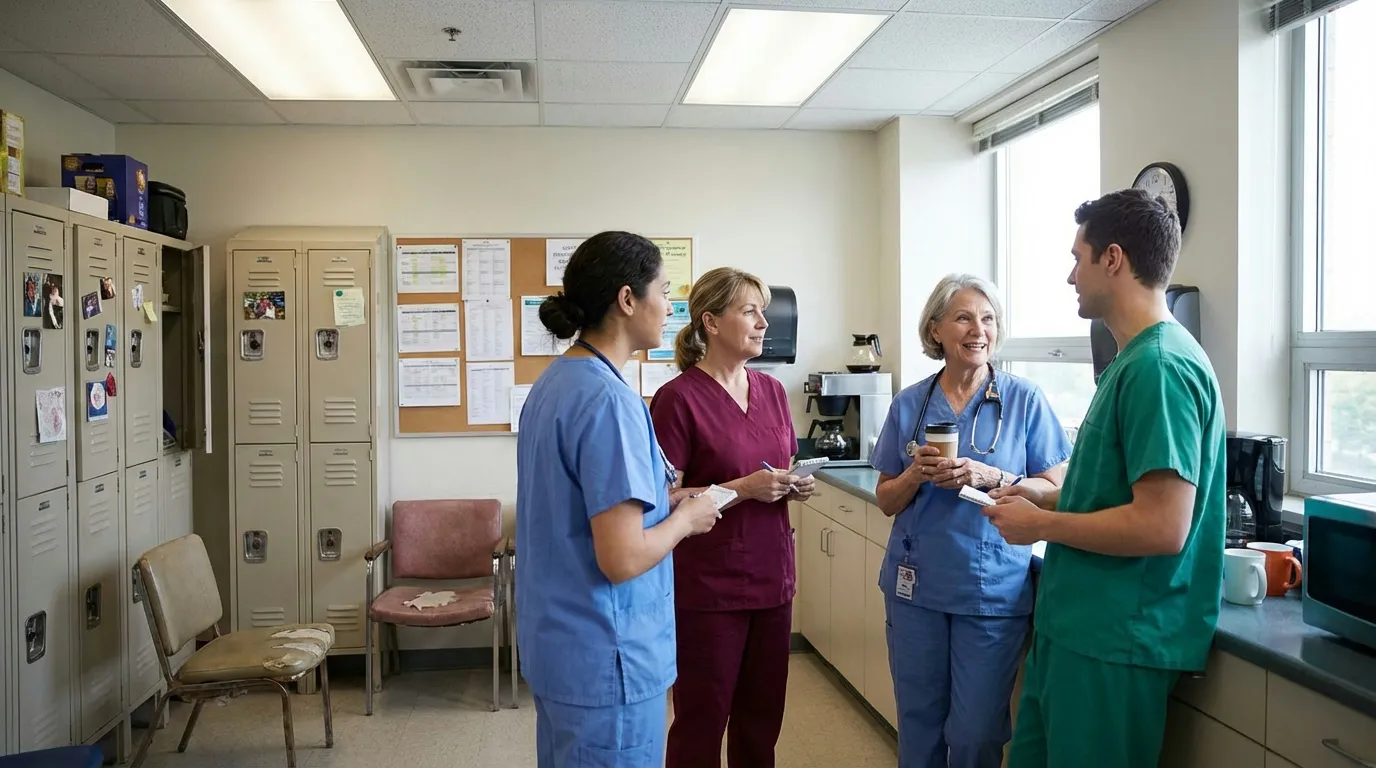 Healthcare workers in scrubs networking during break room shift change