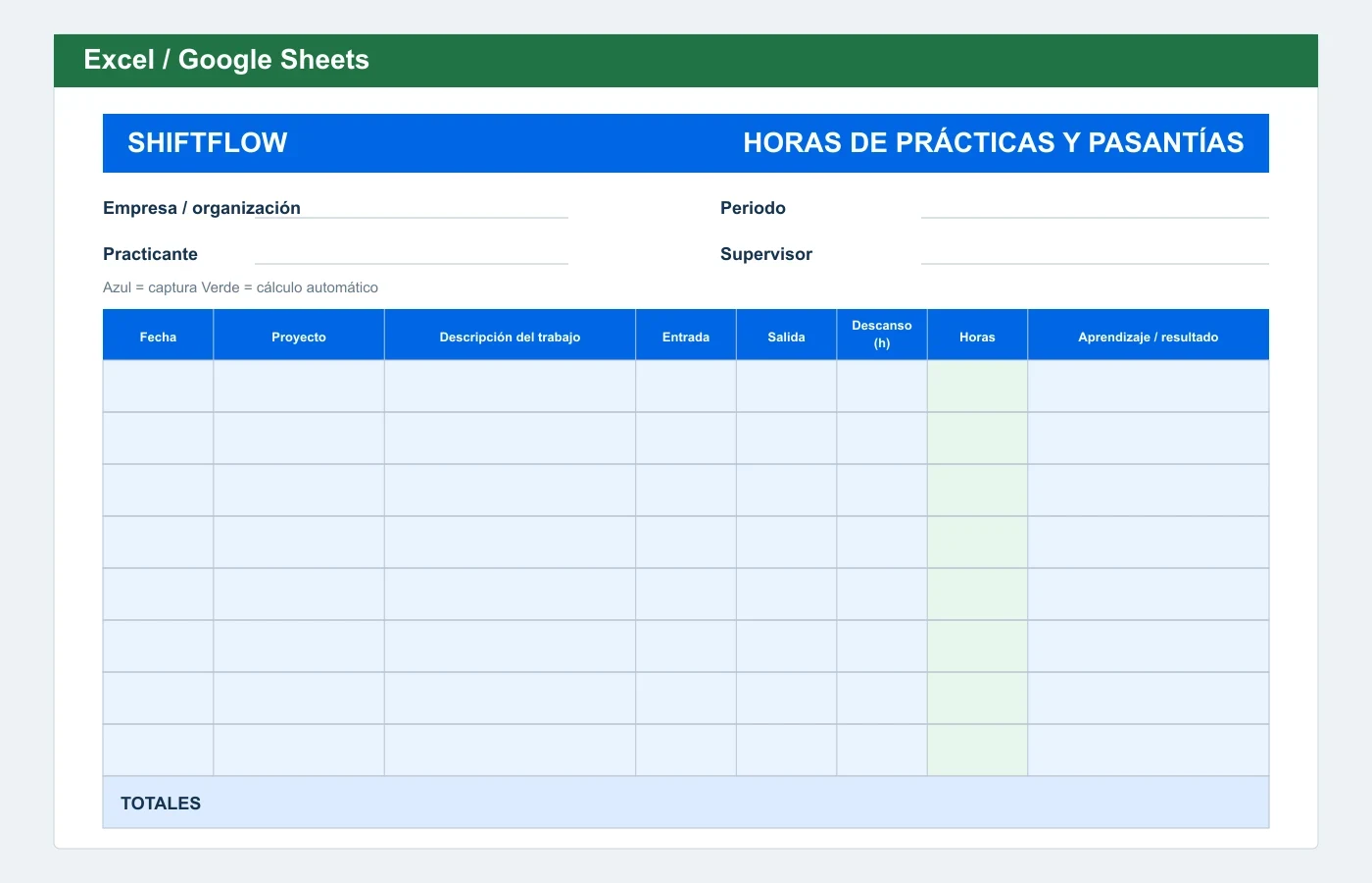 Vista previa en Excel: Formato de horas de prácticas y pasantías