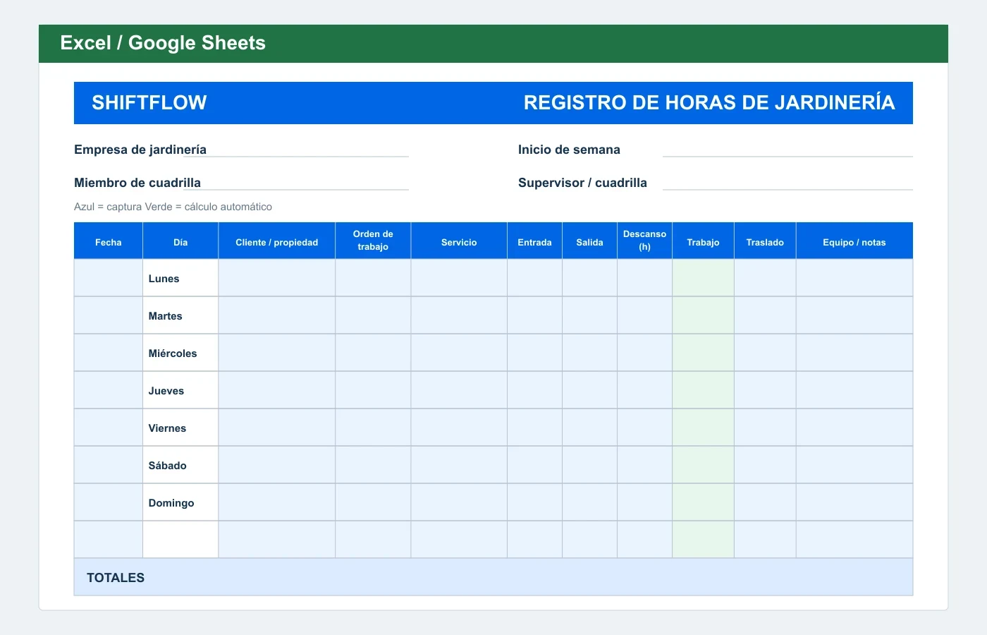 Vista previa en Excel: Plantilla de horas para jardinería