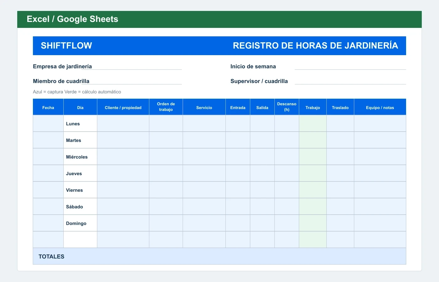 Vista previa en Excel: Plantilla de horas para jardinería