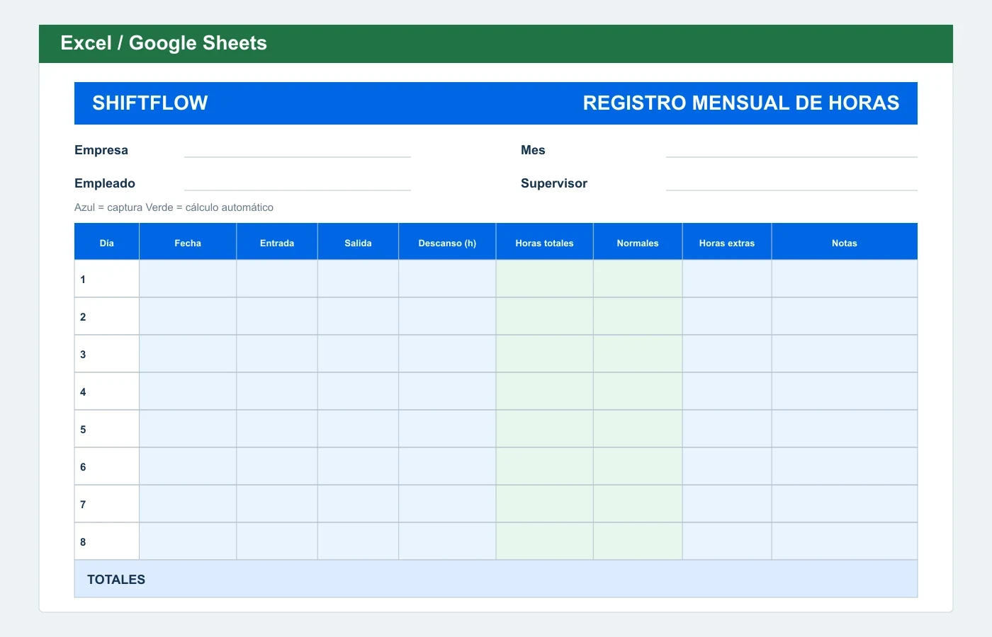 Vista previa en Excel: Plantilla mensual de horas trabajadas