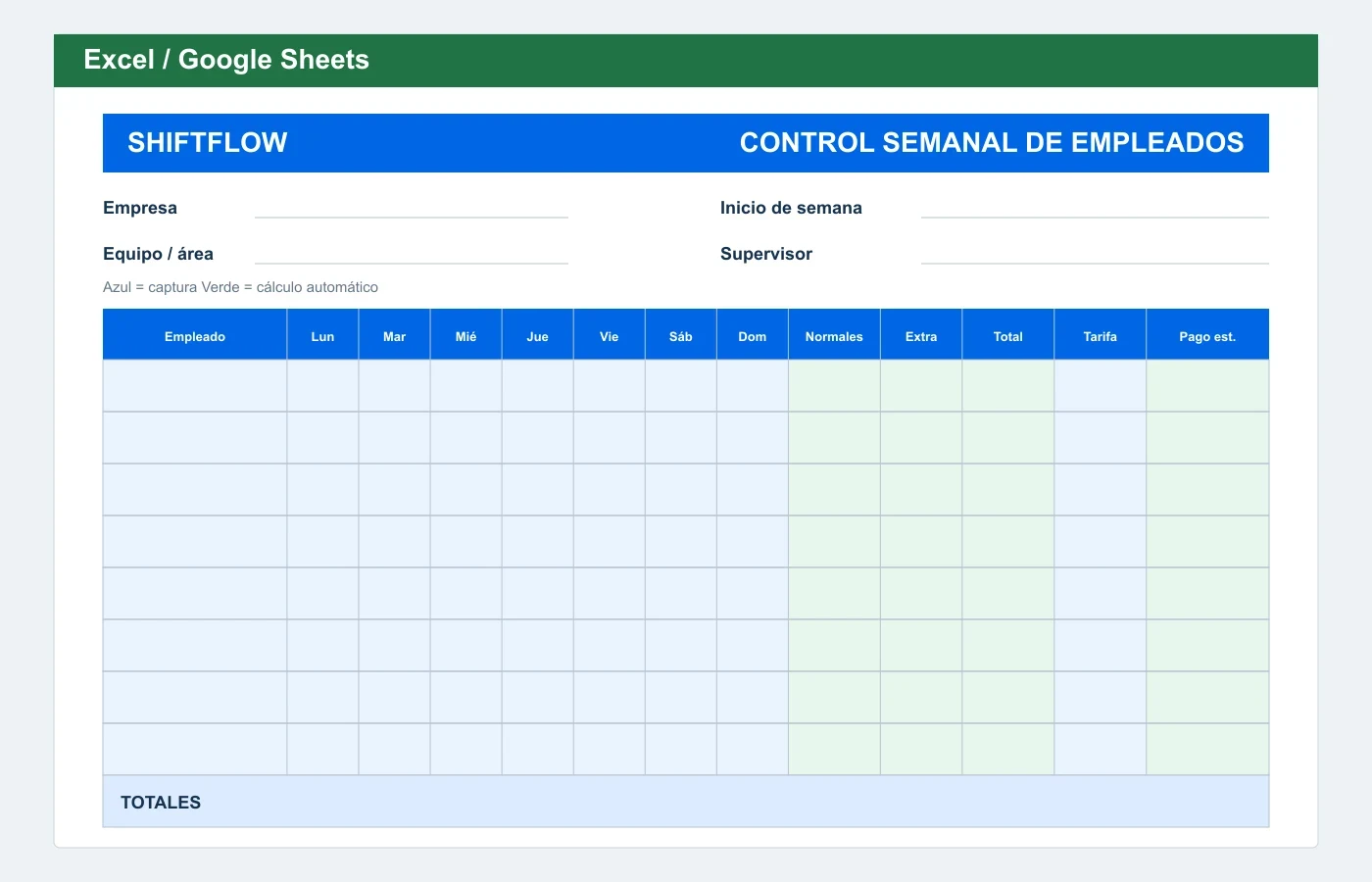 Vista previa en Excel: Plantilla de control de horas de empleados