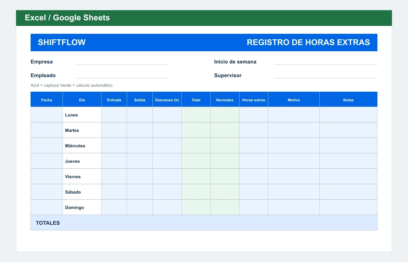 Vista previa en Excel: Plantilla de horas extras en Excel