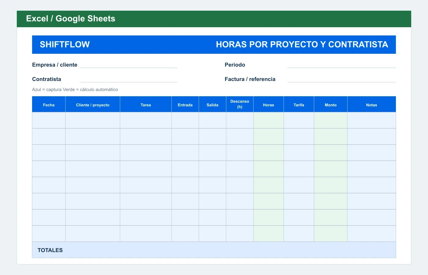 Vista previa en Excel: Plantilla de horas por proyecto y contratista