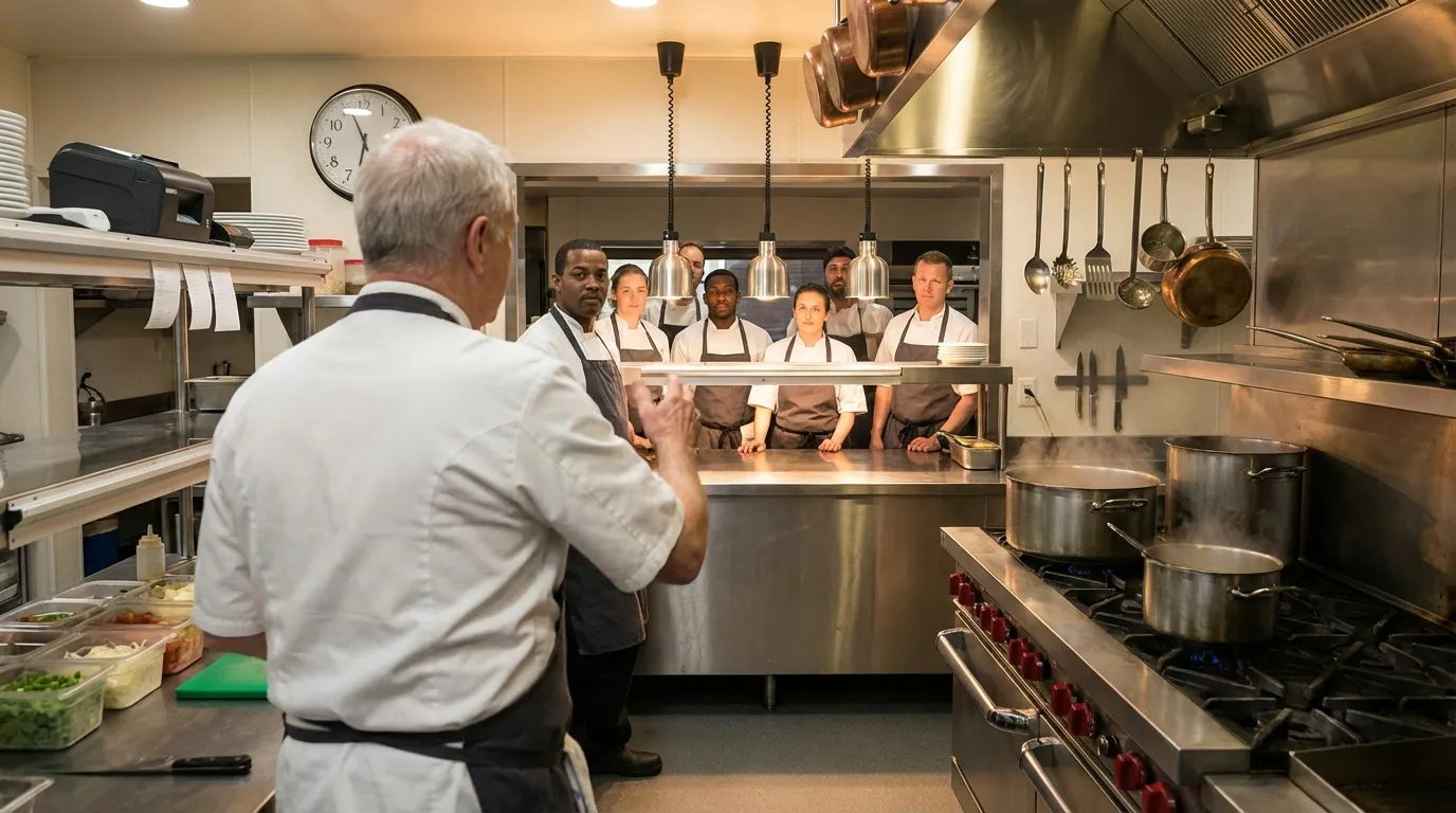 Restaurant kitchen team gathered for pre-service briefing at pass window