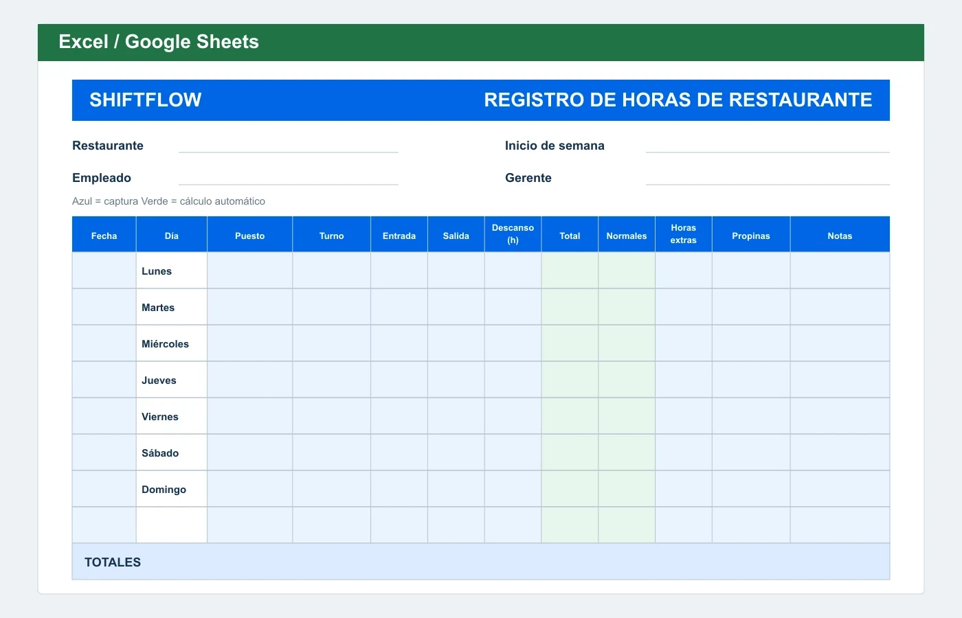 Vista previa en Excel: Plantilla de horas para restaurantes
