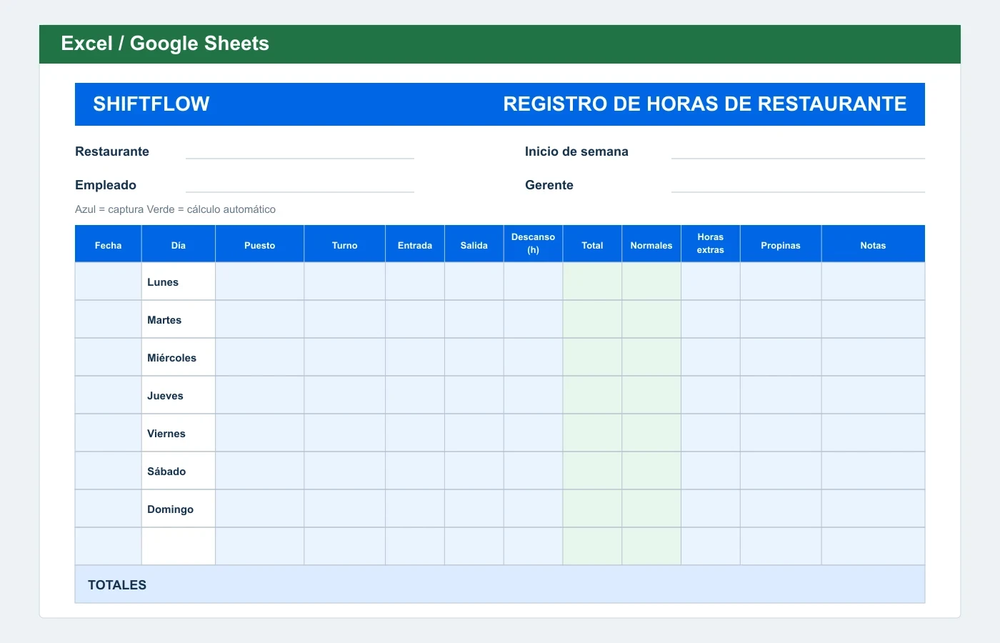 Vista previa en Excel: Plantilla de horas para restaurantes