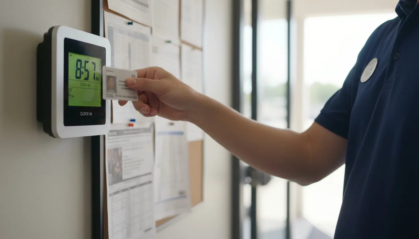Retail employee scanning ID badge at digital time clock during clock-in