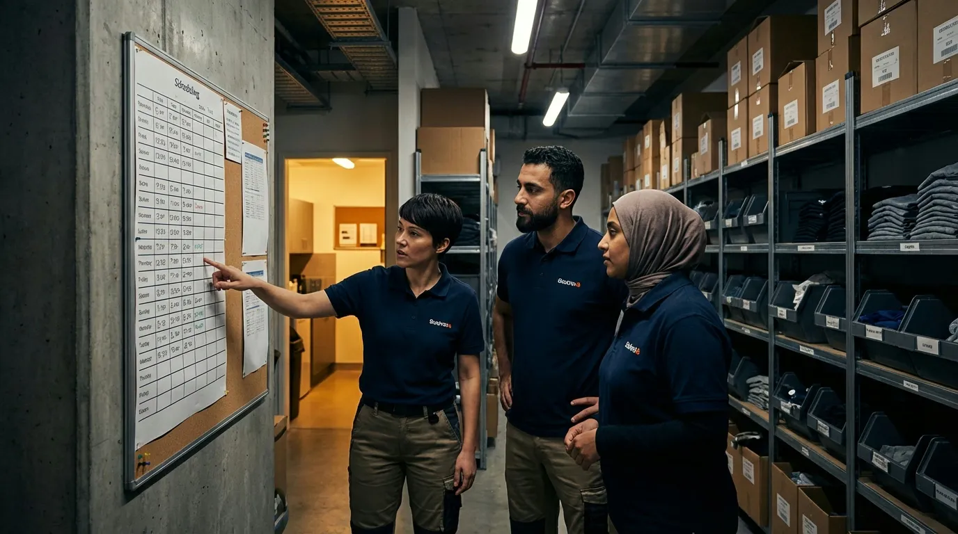 Retail team reviewing shift schedule board in stockroom area