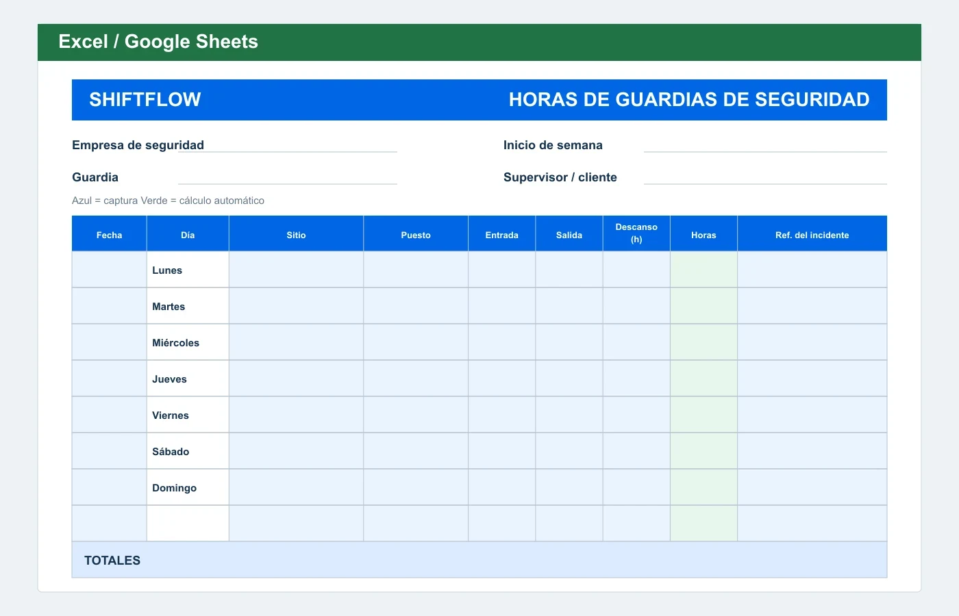 Vista previa en Excel: Control de horas para guardias de seguridad