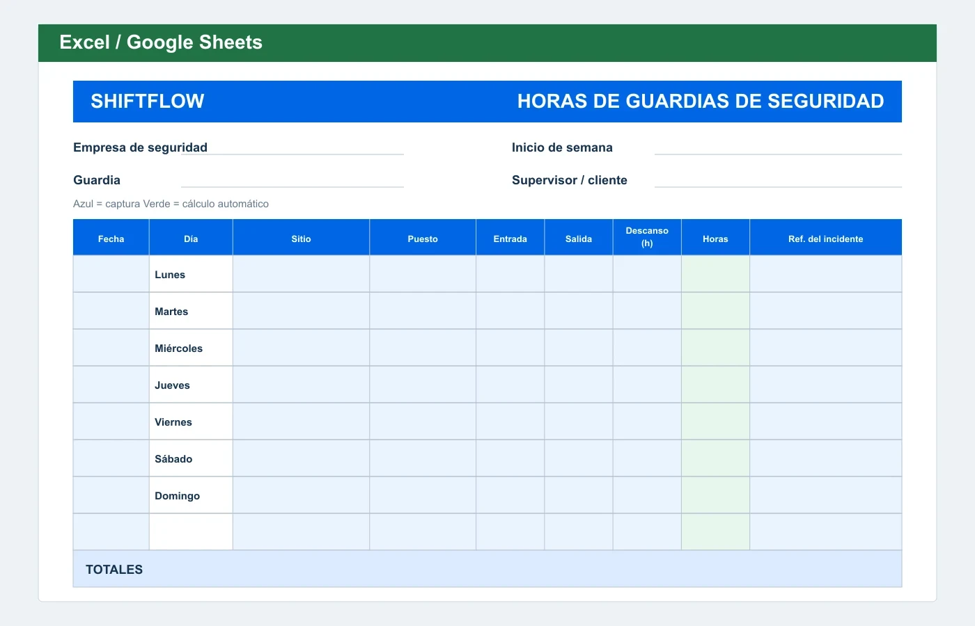Vista previa en Excel: Control de horas para guardias de seguridad