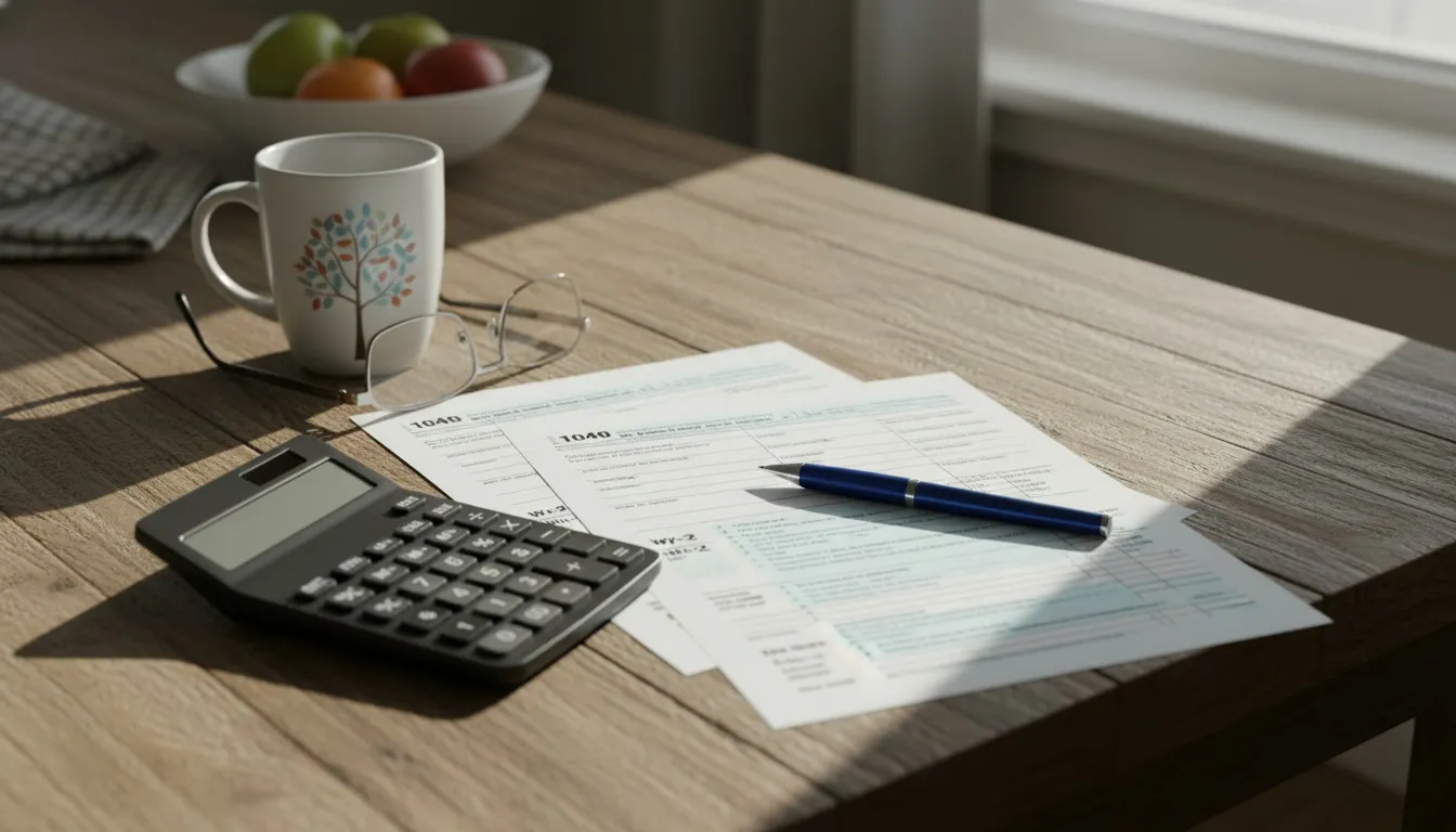 Tax filing documents and calculator on kitchen table