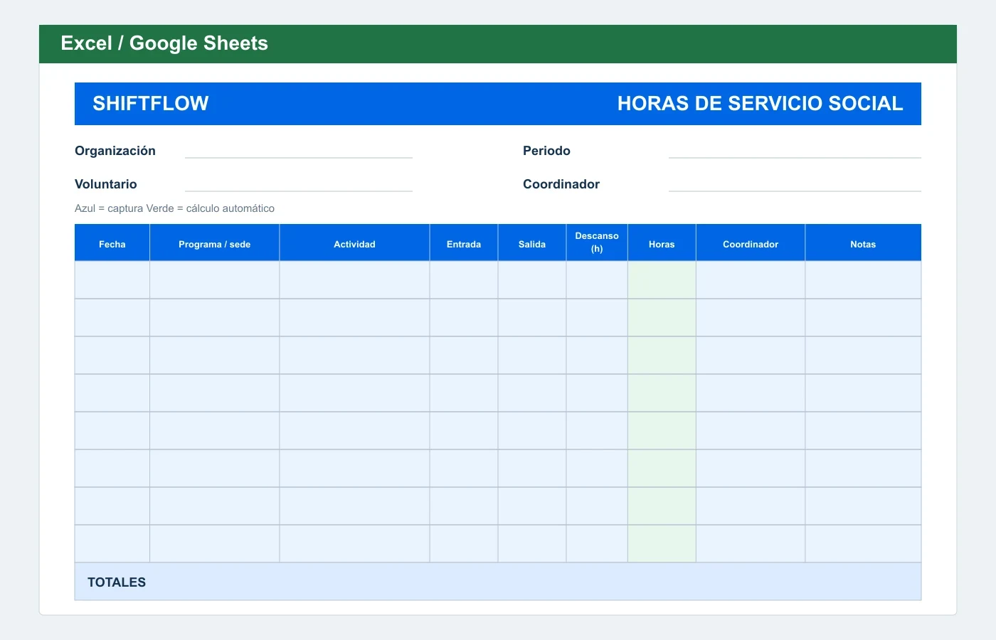 Vista previa en Excel: Formato de horas de servicio social