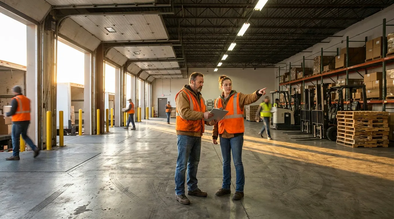Warehouse workers exchanging clipboard during shift handoff at loading dock