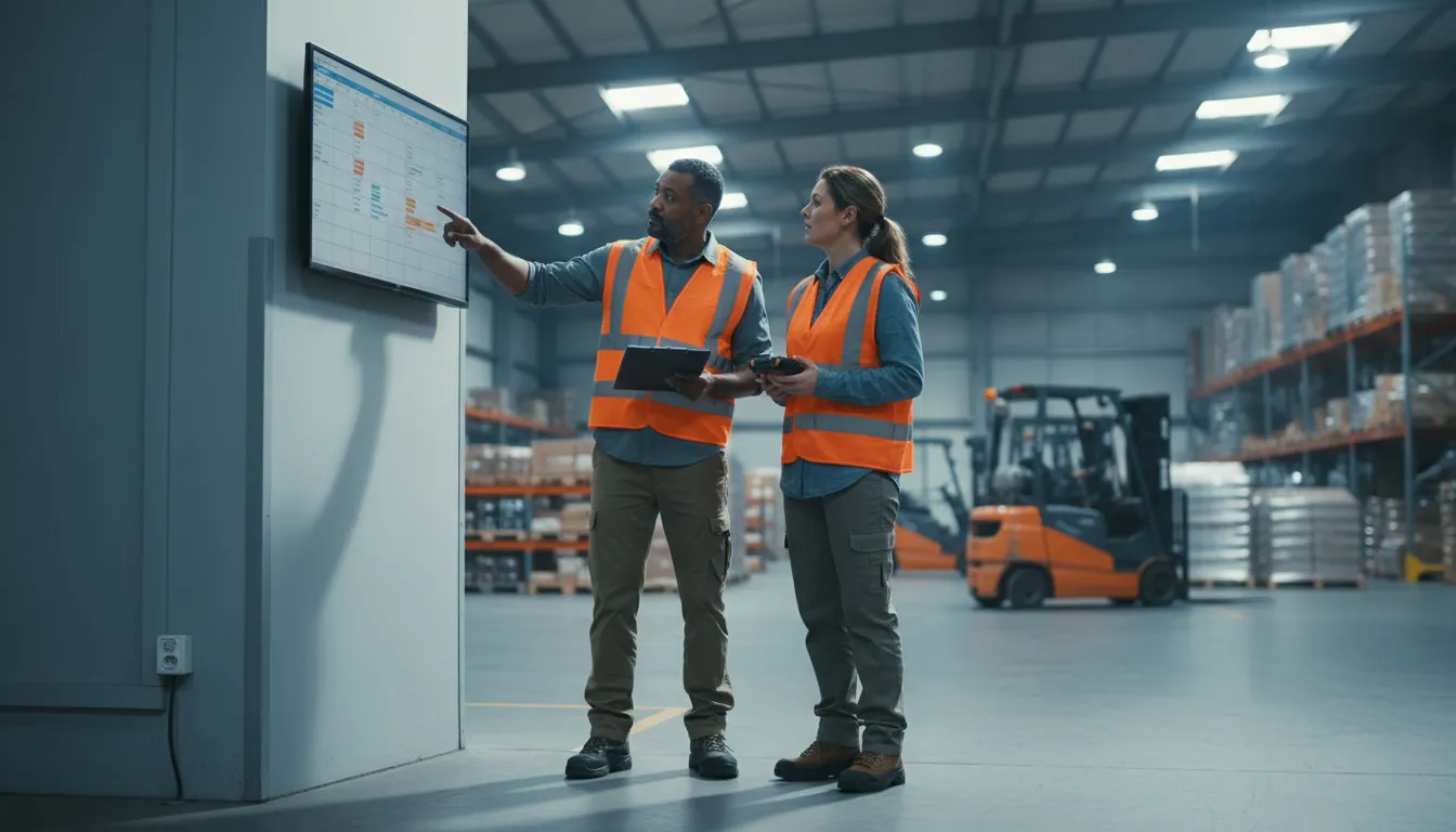 Warehouse workers during shift handoff at distribution center