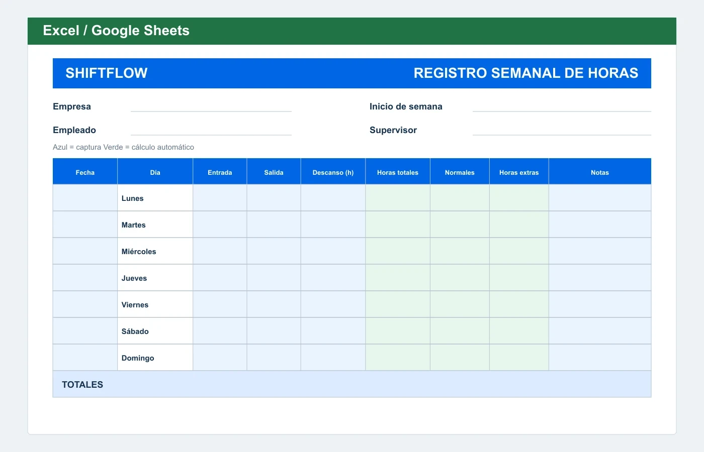 Vista previa en Excel: Plantilla semanal de horas trabajadas