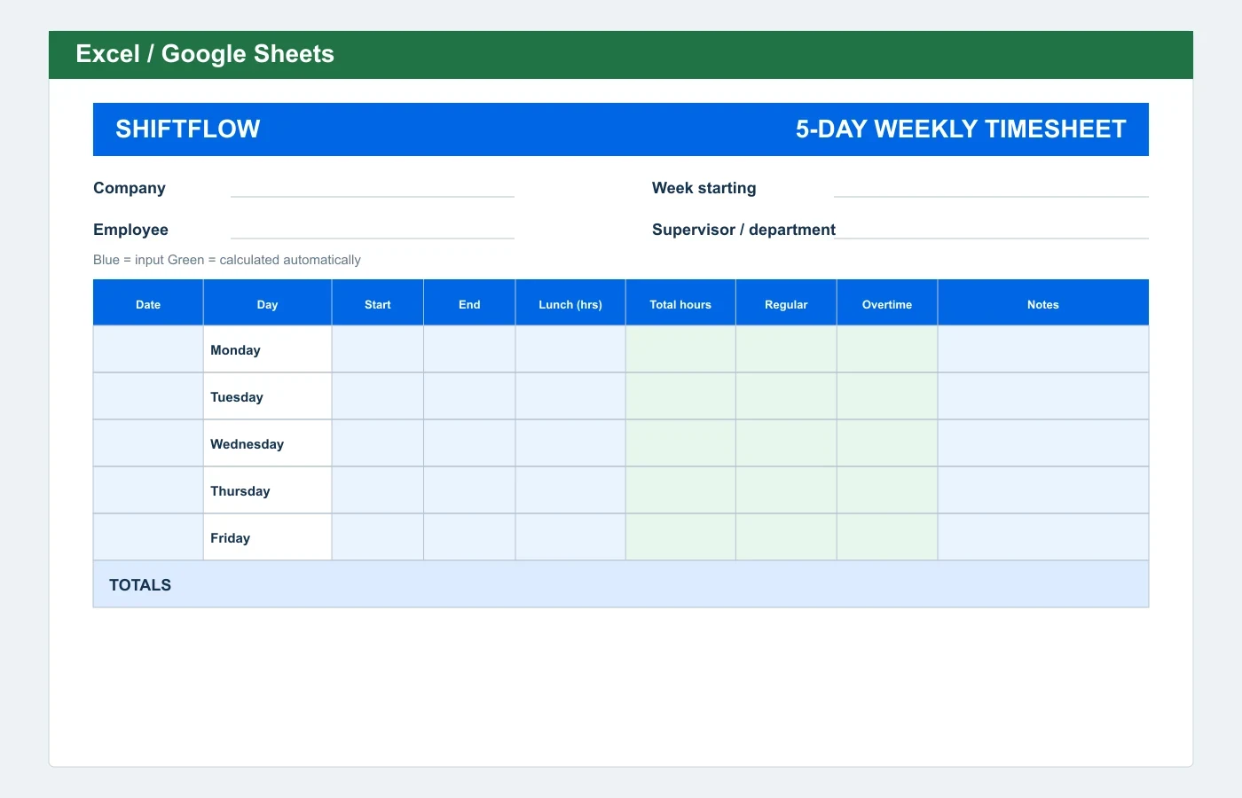 5-Day Weekly Timesheet Excel template preview