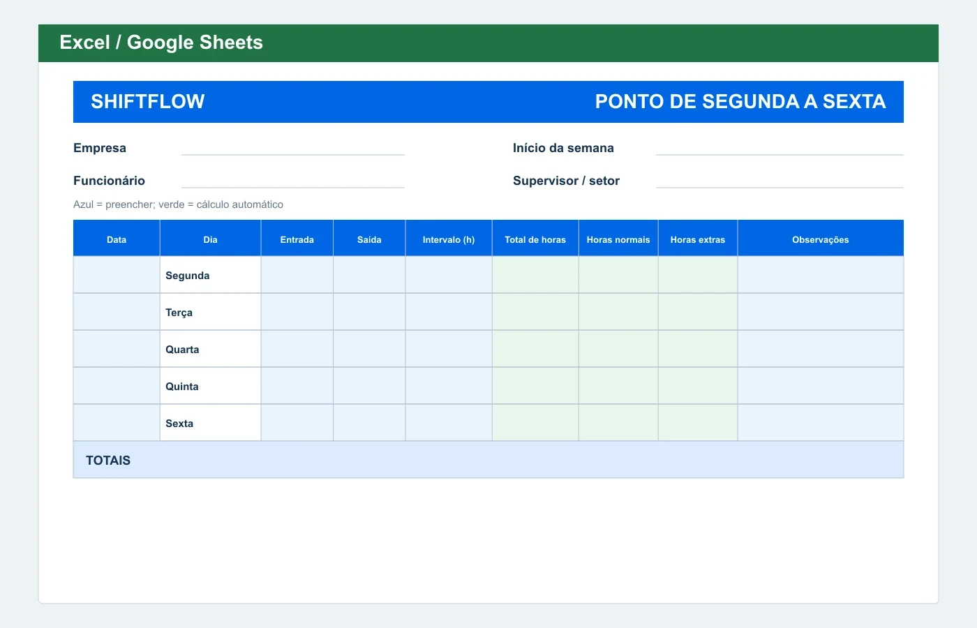 Prévia em Excel: Planilha de ponto de segunda a sexta