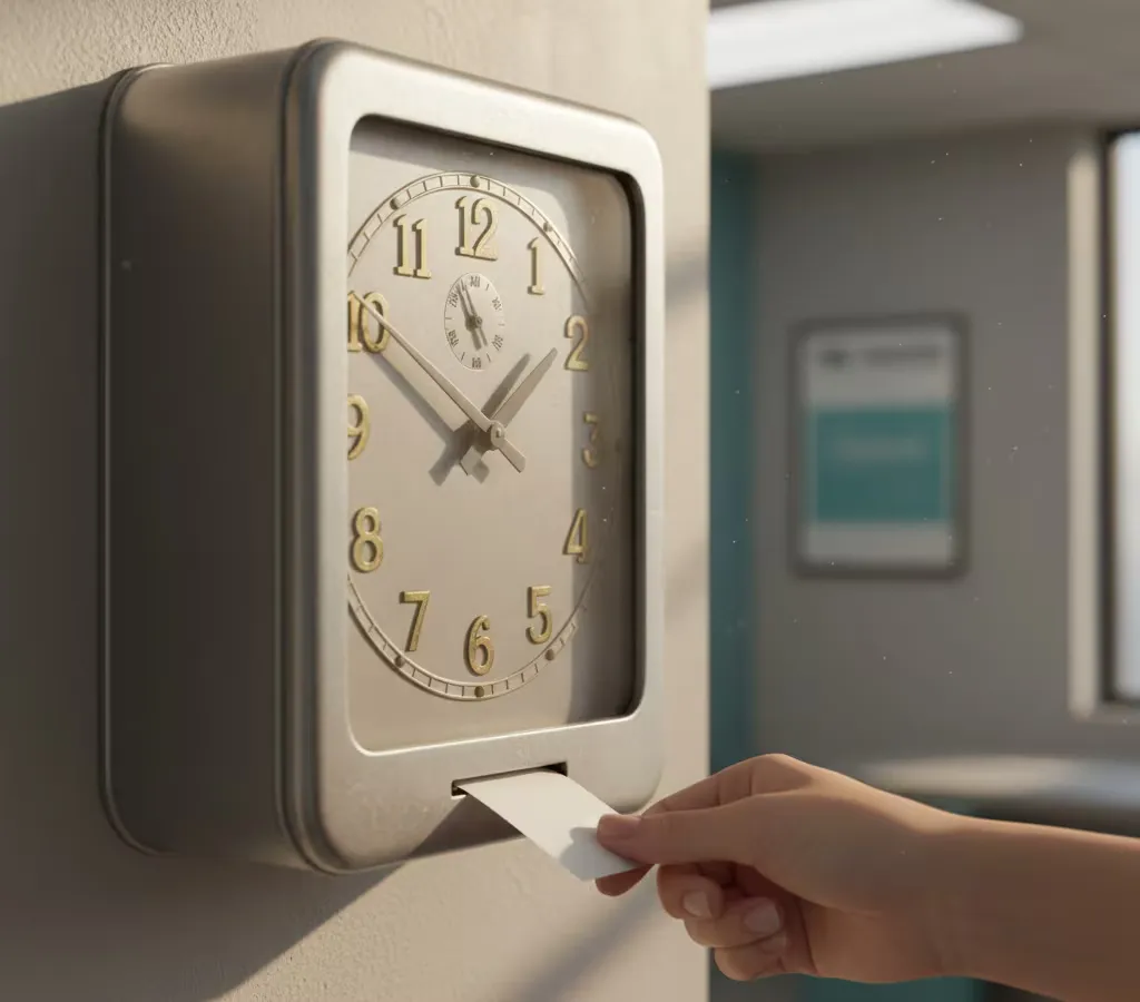 Vintage analog punch clock with time card sliding into the slot