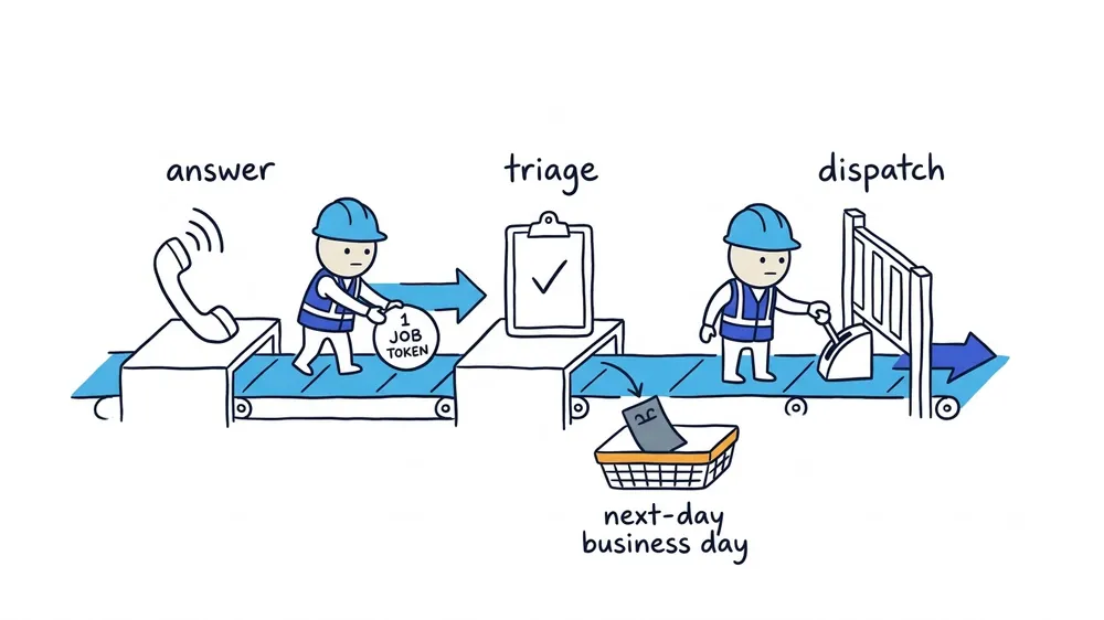 The Worker moves one urgent call through three separate stations for Answer, Triage, and Dispatch, while a voicemail slip stops before dispatch.
