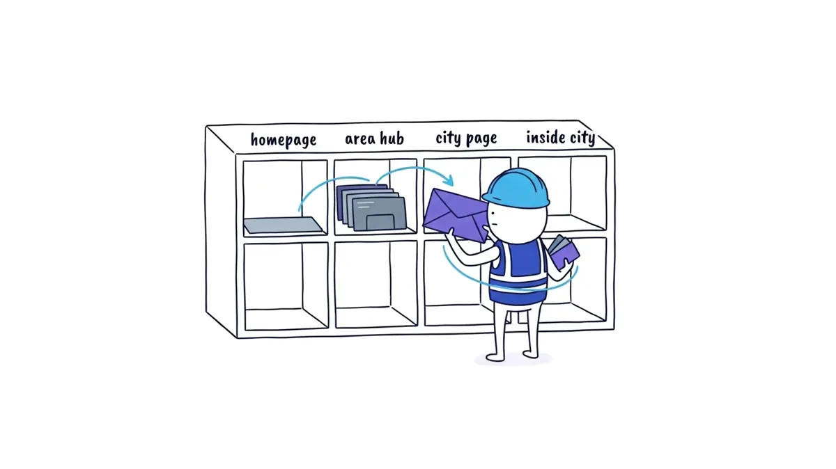 The Worker sorts genuine area tags into homepage, service-area hub, city-page, and inside-city compartments, with neighborhood tags nested inside their city envelope.