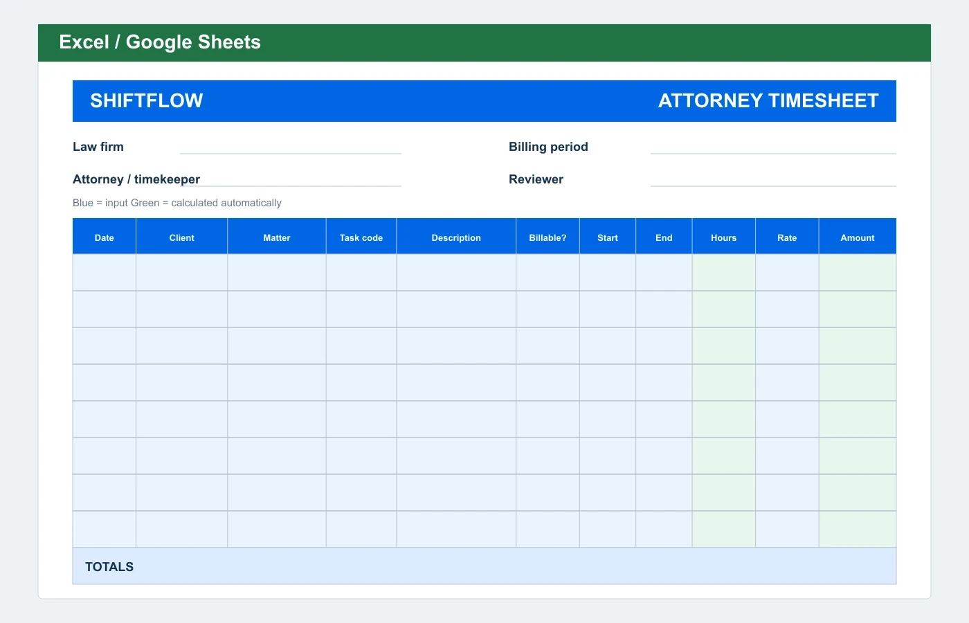 Attorney & Legal Timesheet Excel template preview