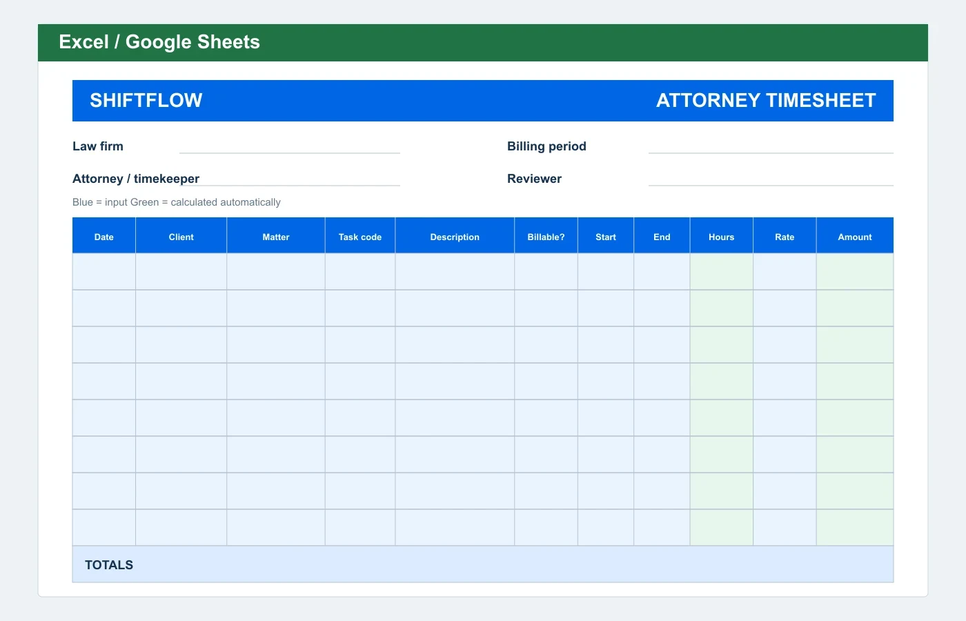 Attorney & Legal Timesheet Excel template preview