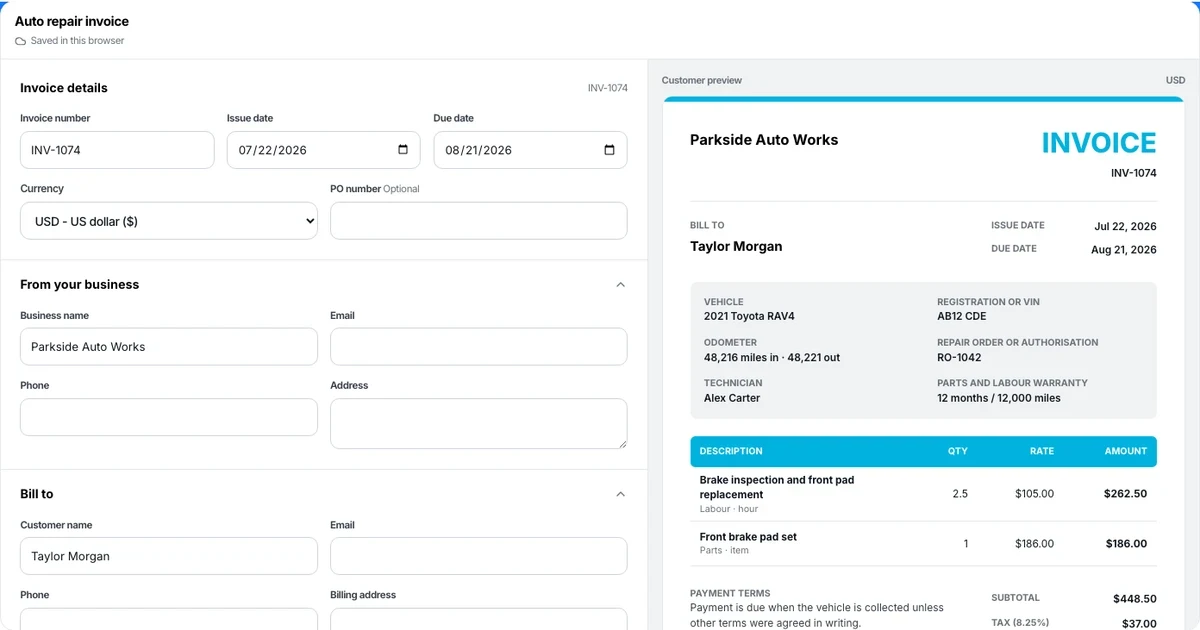 Auto repair invoice template preview with line items and automatic totals
