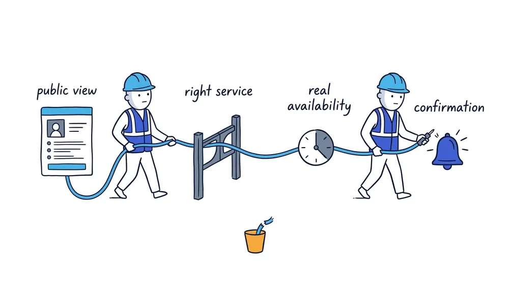 The Worker pulls one booking line through public profile, service-area, availability, submission, and confirmation checkpoints to test the complete customer path.