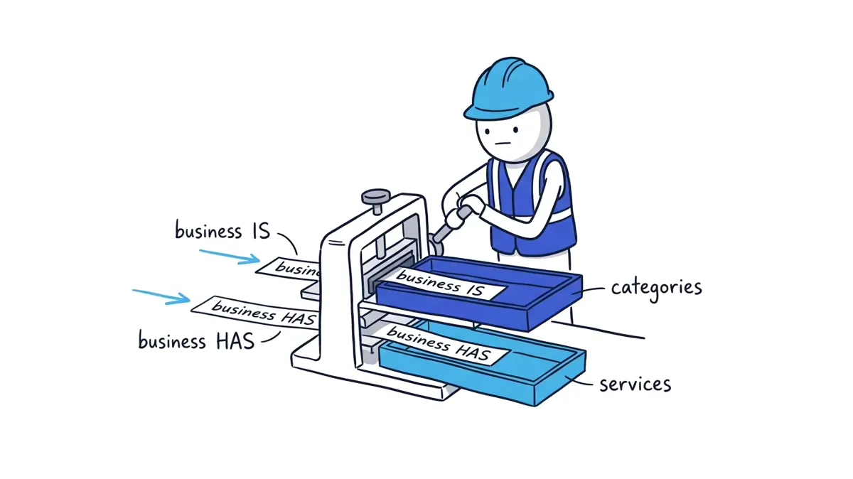 The ShiftFlow Worker sorts identity statements beginning with business is into Categories and job statements beginning with business has into Services.