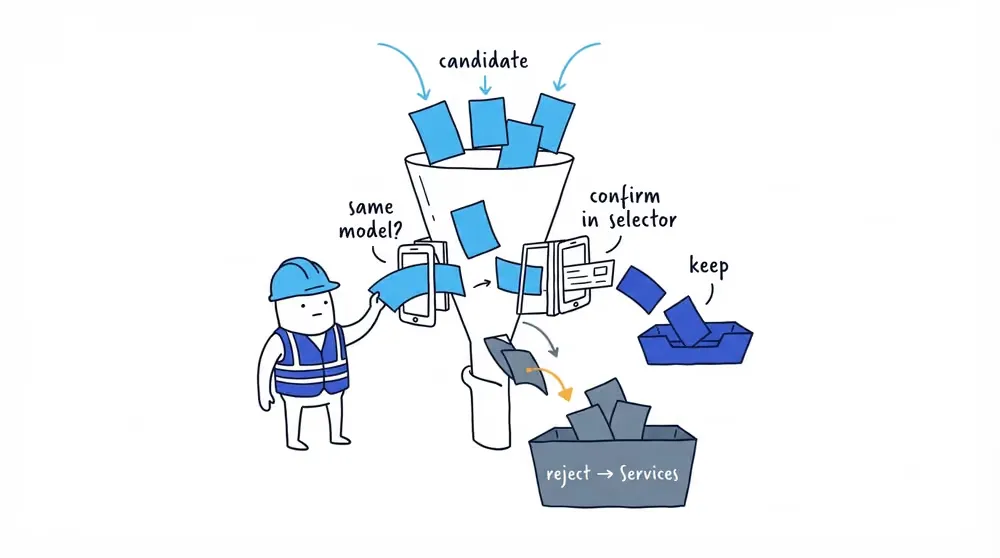 A hand-drawn Worker drops discovered category candidates through a same-business-model gate and a live-selector check, keeping a few and letting mismatches fall to Services.