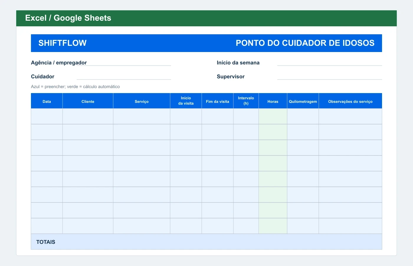 Prévia em Excel: Folha de ponto para cuidador de idosos
