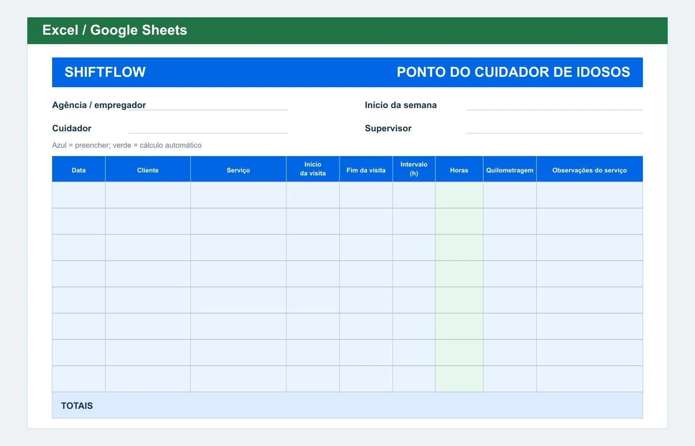 Prévia em Excel: Folha de ponto para cuidador de idosos