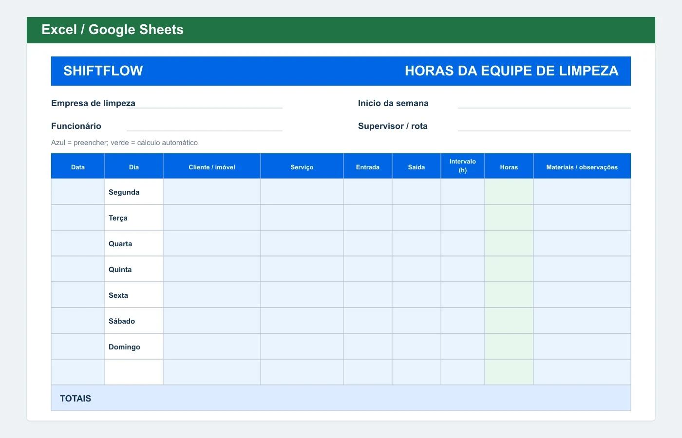 Prévia em Excel: Planilha de horas para equipe de limpeza