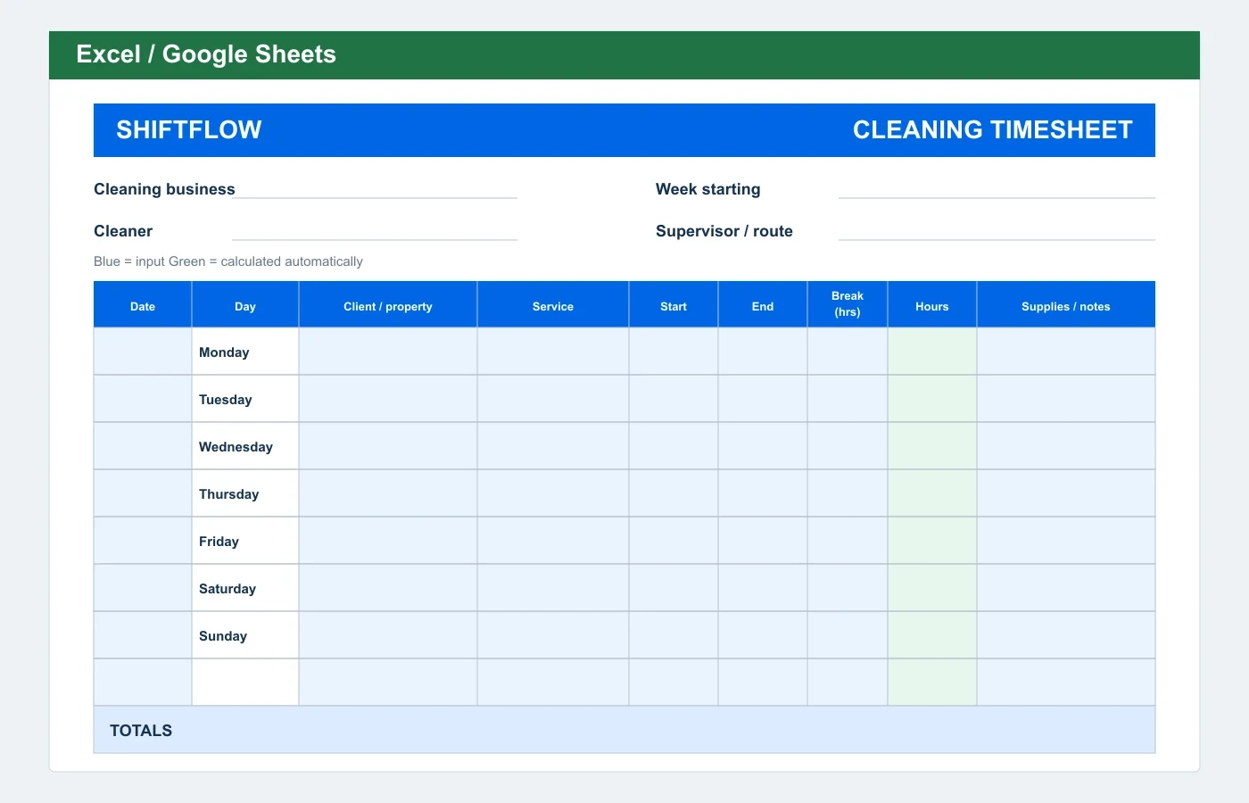 Cleaning Timesheet Excel template preview