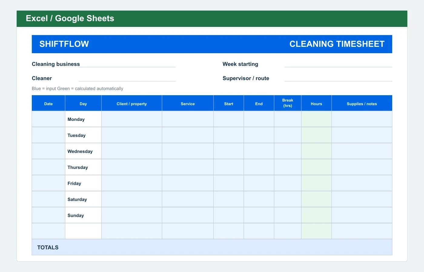 Cleaning Timesheet Excel template preview