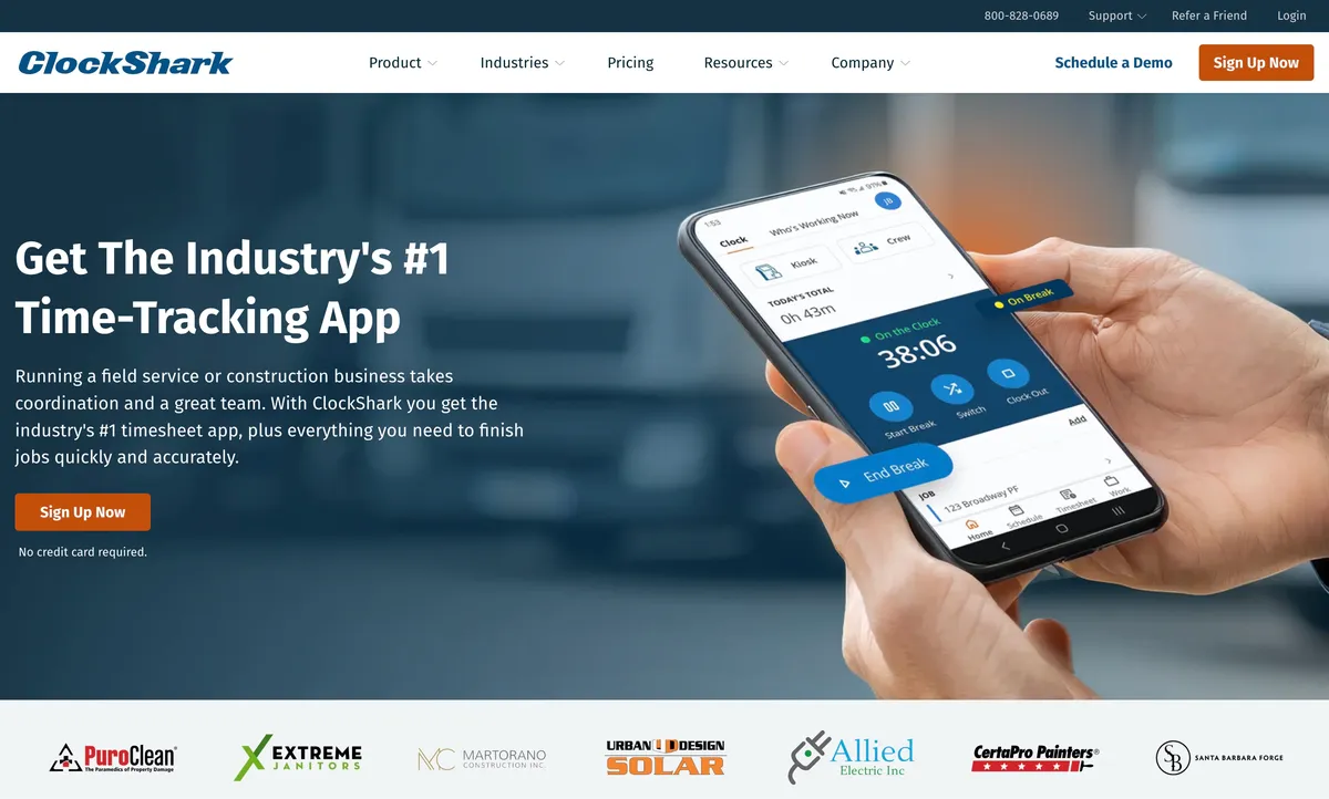 ClockShark time tracking software homepage with a mobile time clock