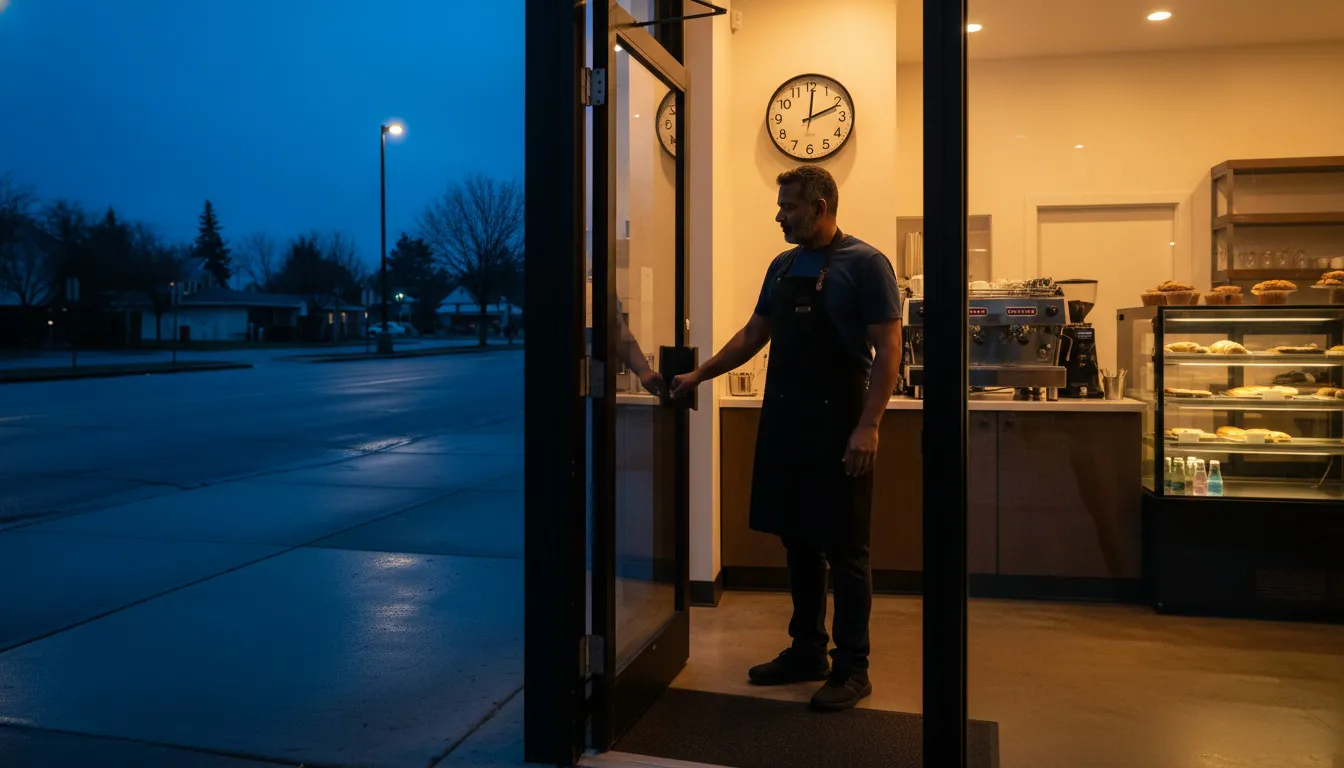 Barista unlocking coffee shop door at dawn for opening shift